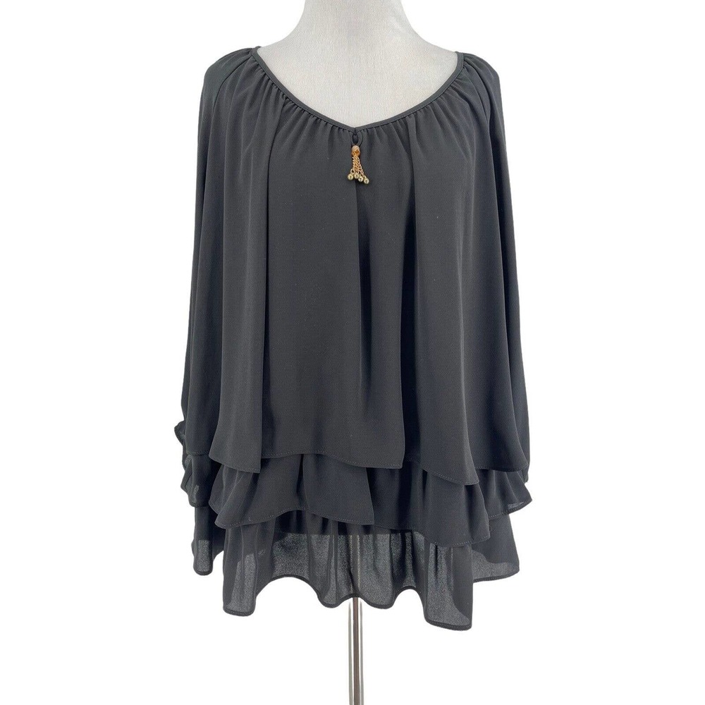 Joseph Ribkoff Women's Black Tiered Ruffle 3/4 Sleeve Blouse Size 14